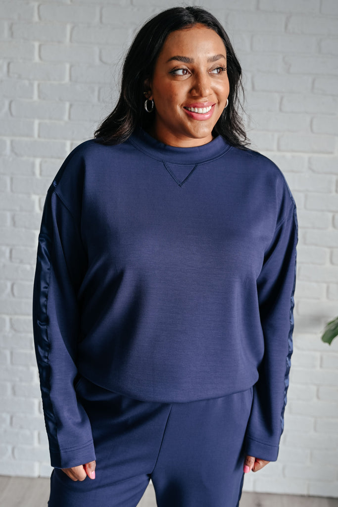 Lysa Satin Stripe Pullover in Smoky Navy-Athleisure-Timber Brooke Boutique, Online Women's Fashion Boutique in Amarillo, Texas