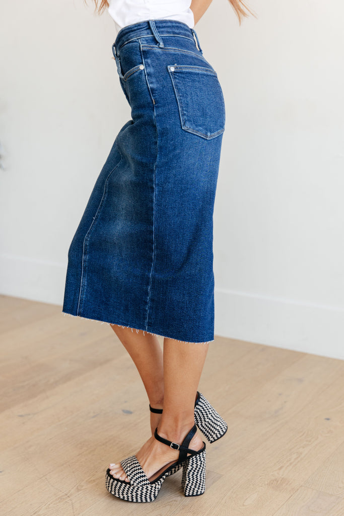 Marcy High Rise Denim Midi Skirt-Womens-Timber Brooke Boutique, Online Women's Fashion Boutique in Amarillo, Texas