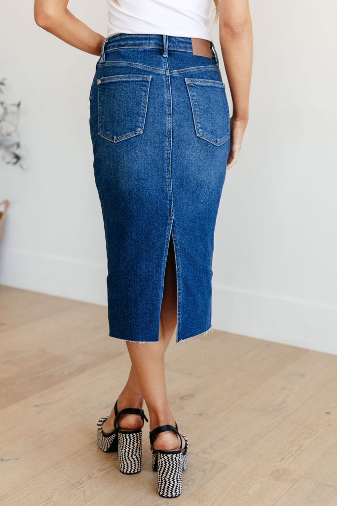 Marcy High Rise Denim Midi Skirt-Womens-Timber Brooke Boutique, Online Women's Fashion Boutique in Amarillo, Texas