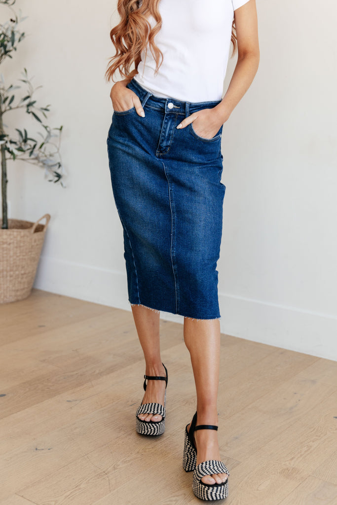 Marcy High Rise Denim Midi Skirt-Womens-Timber Brooke Boutique, Online Women's Fashion Boutique in Amarillo, Texas