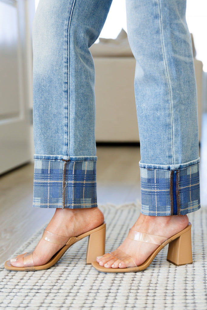 Miranda High Rise Plaid Cuff Vintage Straight Jeans-Womens-Timber Brooke Boutique, Online Women's Fashion Boutique in Amarillo, Texas