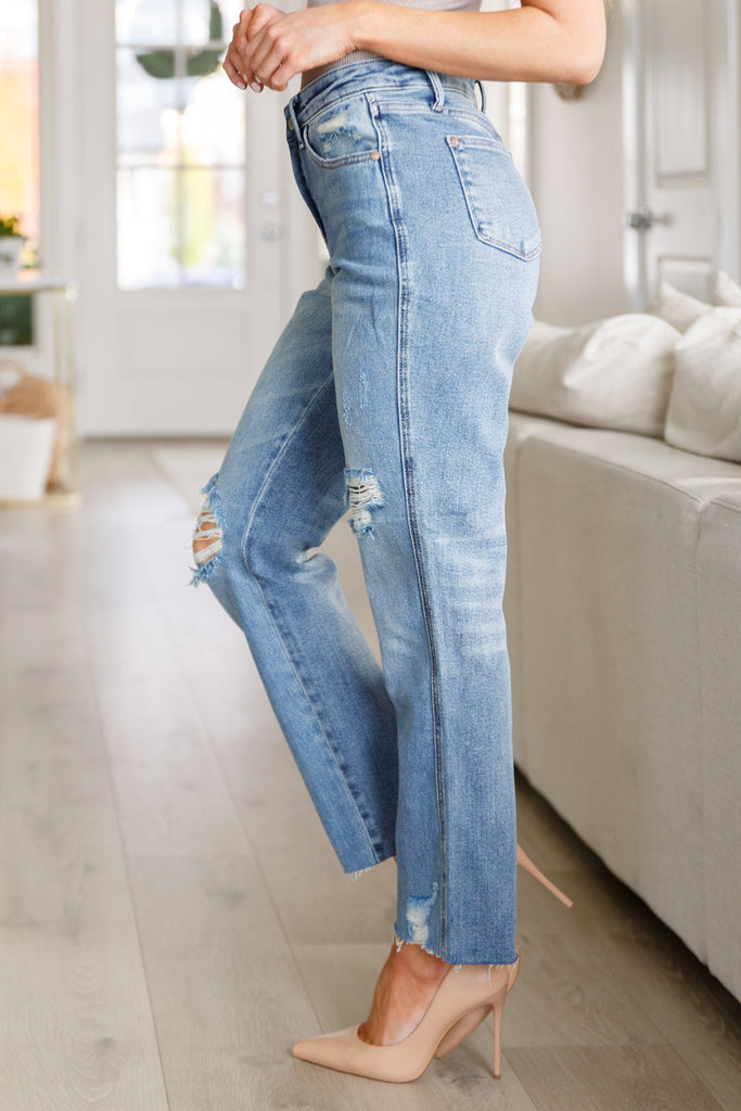 Nora High Rise Rigid Magic Destroy Slim Straight Jeans-Womens-Timber Brooke Boutique, Online Women's Fashion Boutique in Amarillo, Texas