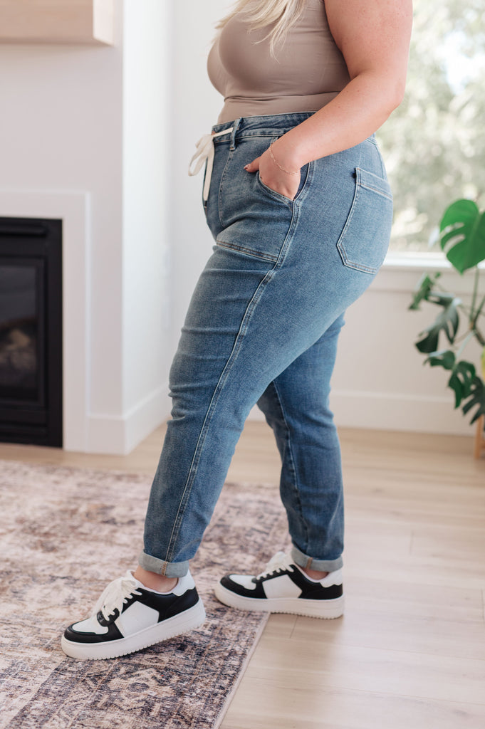 Payton Pull On Denim Joggers in Medium Wash-Womens-Timber Brooke Boutique, Online Women's Fashion Boutique in Amarillo, Texas