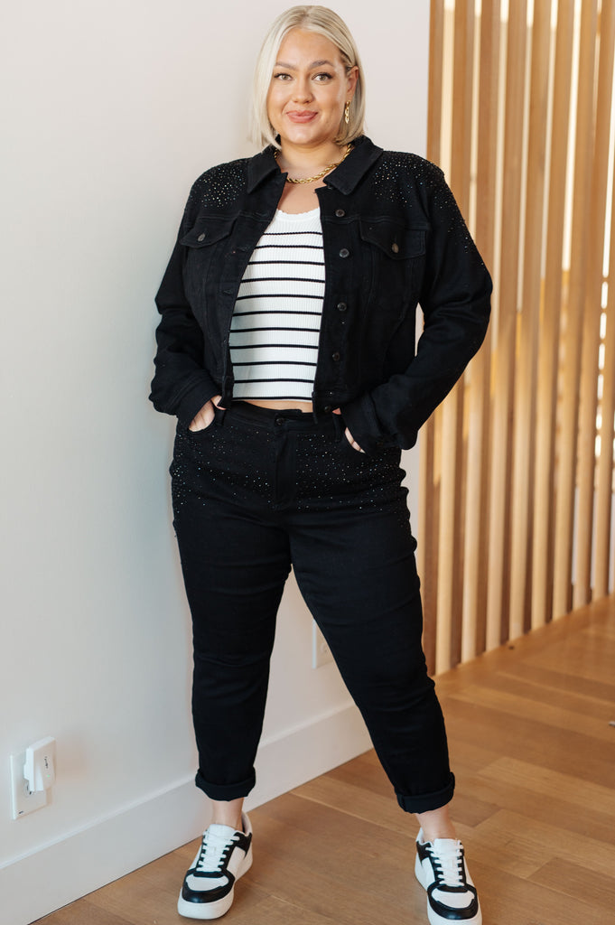 Reese Rhinestone Denim Jacket in Black-Womens-Timber Brooke Boutique, Online Women's Fashion Boutique in Amarillo, Texas