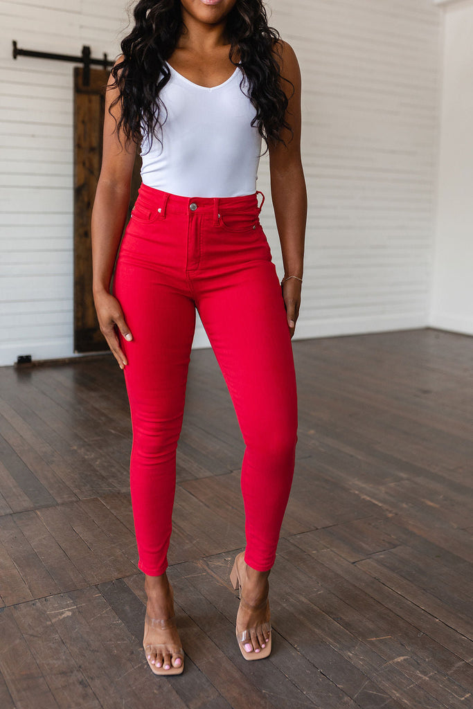 Ruby High Rise Control Top Garment Dyed Skinny Jeans in Red-Womens-Timber Brooke Boutique, Online Women's Fashion Boutique in Amarillo, Texas