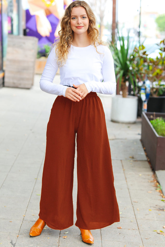 Relaxed Fun Rust Smocked Waist Palazzo Pants-Timber Brooke Boutique, Online Women's Fashion Boutique in Amarillo, Texas