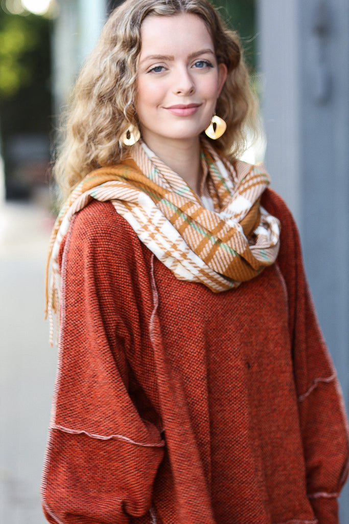 Camel & Cream Plaid Fringe Scarf-Timber Brooke Boutique, Online Women's Fashion Boutique in Amarillo, Texas