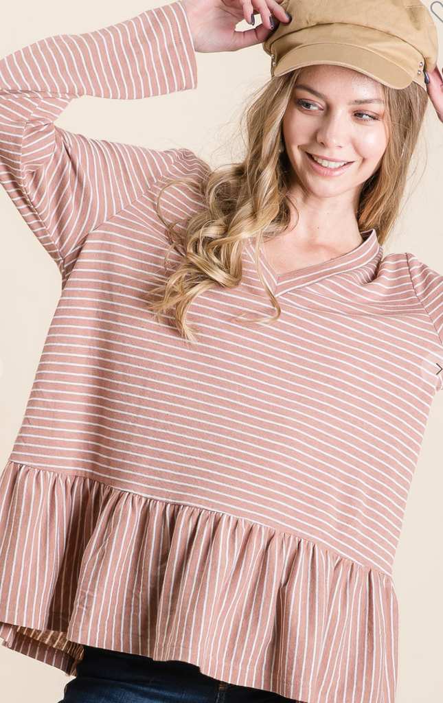 Mauve Linen Striped Top-Long Sleeve Tops-Timber Brooke Boutique, Online Women's Fashion Boutique in Amarillo, Texas