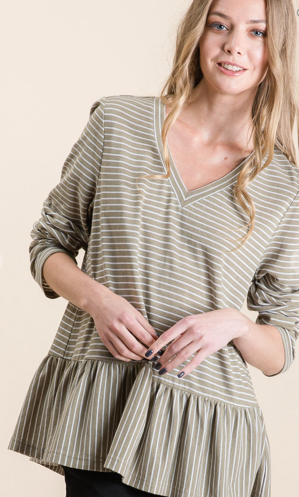 Sage Linen Striped Top-Long Sleeve Tops-Timber Brooke Boutique, Online Women's Fashion Boutique in Amarillo, Texas