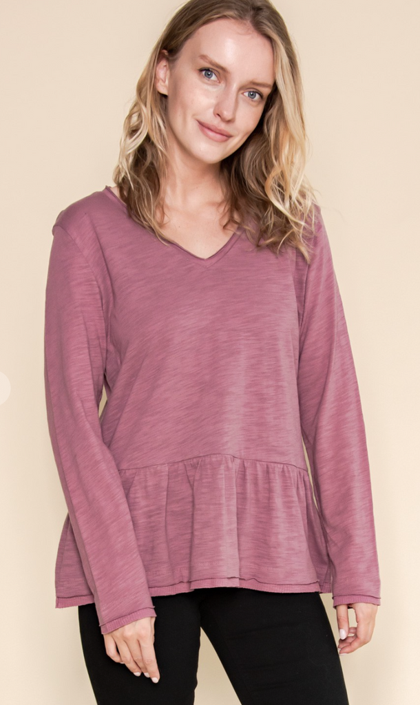 Mellow Mauve V-Neck Long Sleeve Top-Long Sleeve Tops-Timber Brooke Boutique, Online Women's Fashion Boutique in Amarillo, Texas