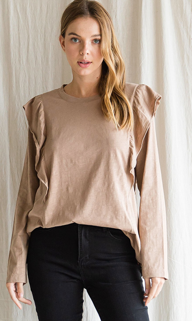 Taupe Ruffle Shoulder Detailed Top-Long Sleeve Tops-Timber Brooke Boutique, Online Women's Fashion Boutique in Amarillo, Texas