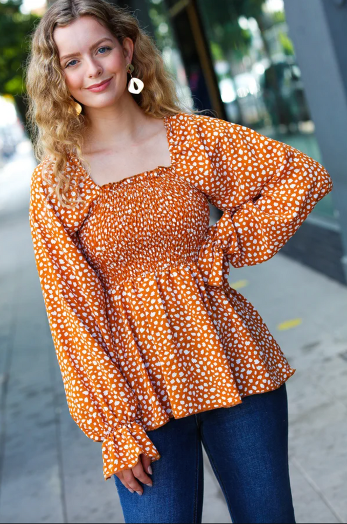 Rust Leopard Print Smocked Ruffle Hem Top-Timber Brooke Boutique, Online Women's Fashion Boutique in Amarillo, Texas