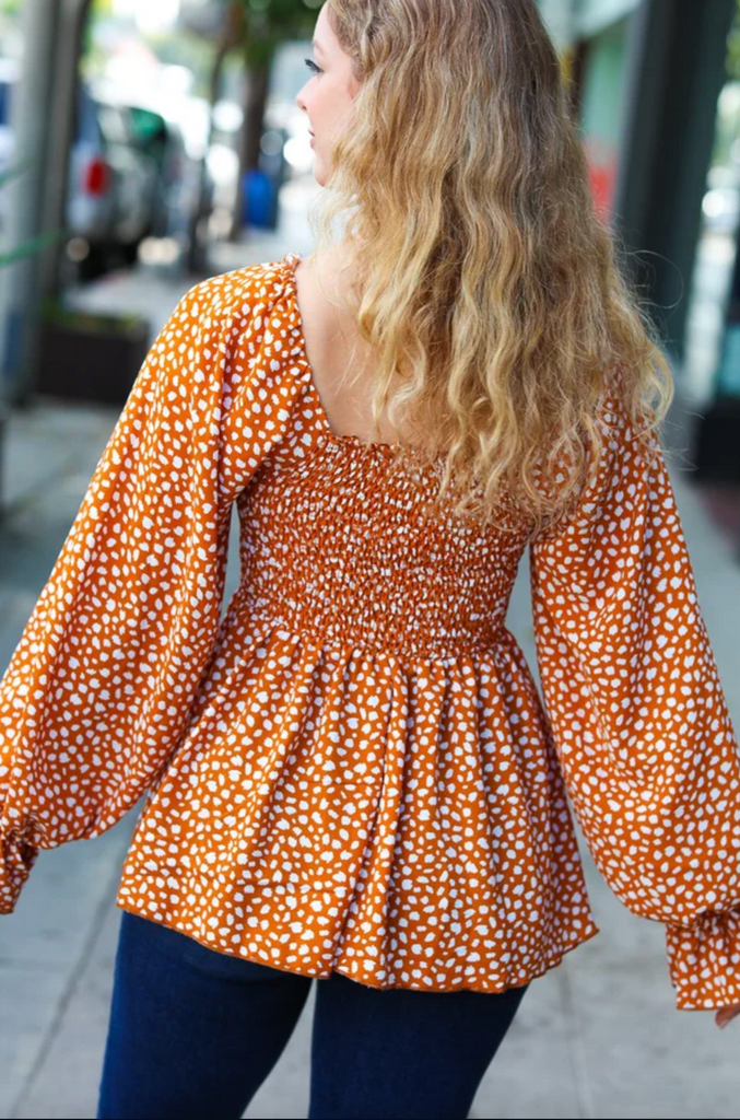 Rust Leopard Print Smocked Ruffle Hem Top-Timber Brooke Boutique, Online Women's Fashion Boutique in Amarillo, Texas