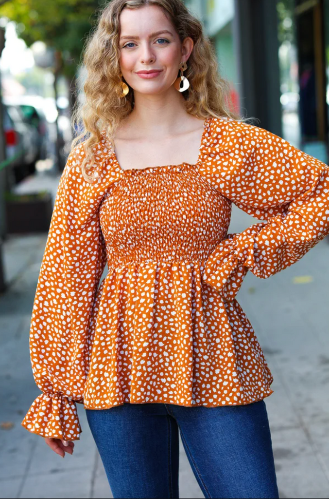 Rust Leopard Print Smocked Ruffle Hem Top-Timber Brooke Boutique, Online Women's Fashion Boutique in Amarillo, Texas