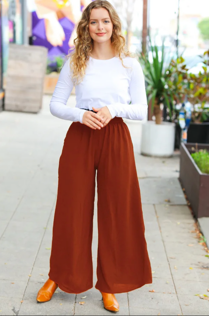 Relaxed Fun Rust Smocked Waist Palazzo Pants-Timber Brooke Boutique, Online Women's Fashion Boutique in Amarillo, Texas