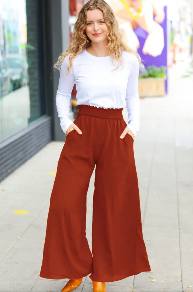 Relaxed Fun Rust Smocked Waist Palazzo Pants-Timber Brooke Boutique, Online Women's Fashion Boutique in Amarillo, Texas