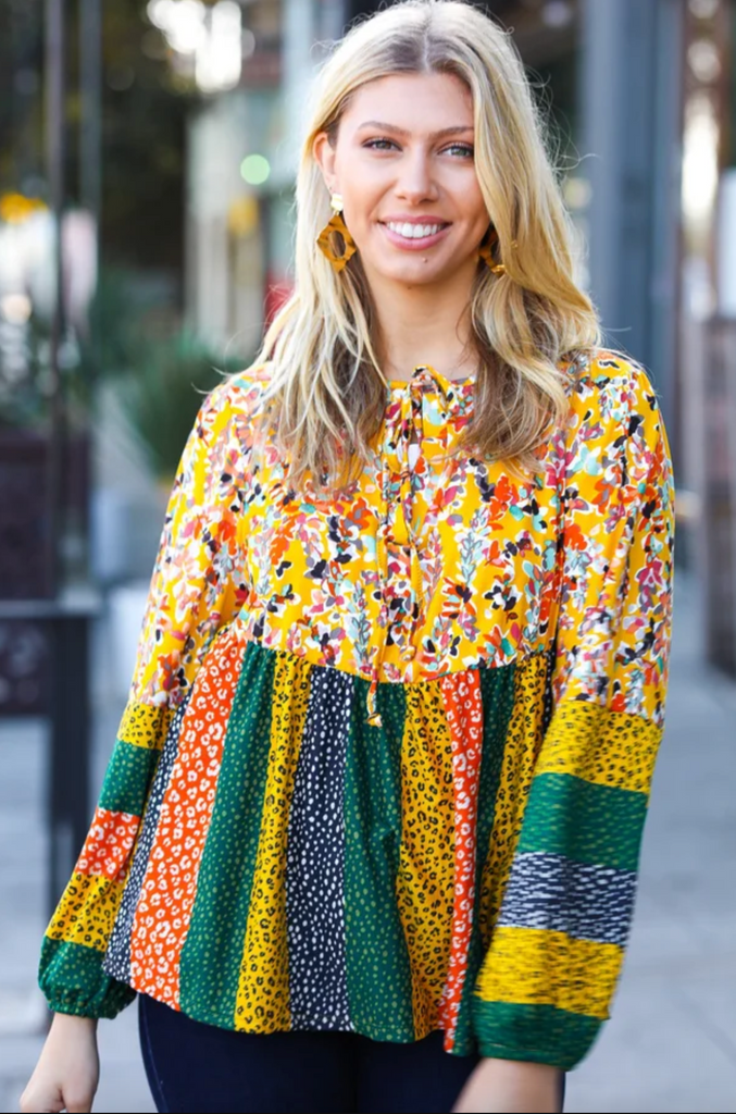 Mustard & Rust Floral Leopard Babydoll Top-Timber Brooke Boutique, Online Women's Fashion Boutique in Amarillo, Texas