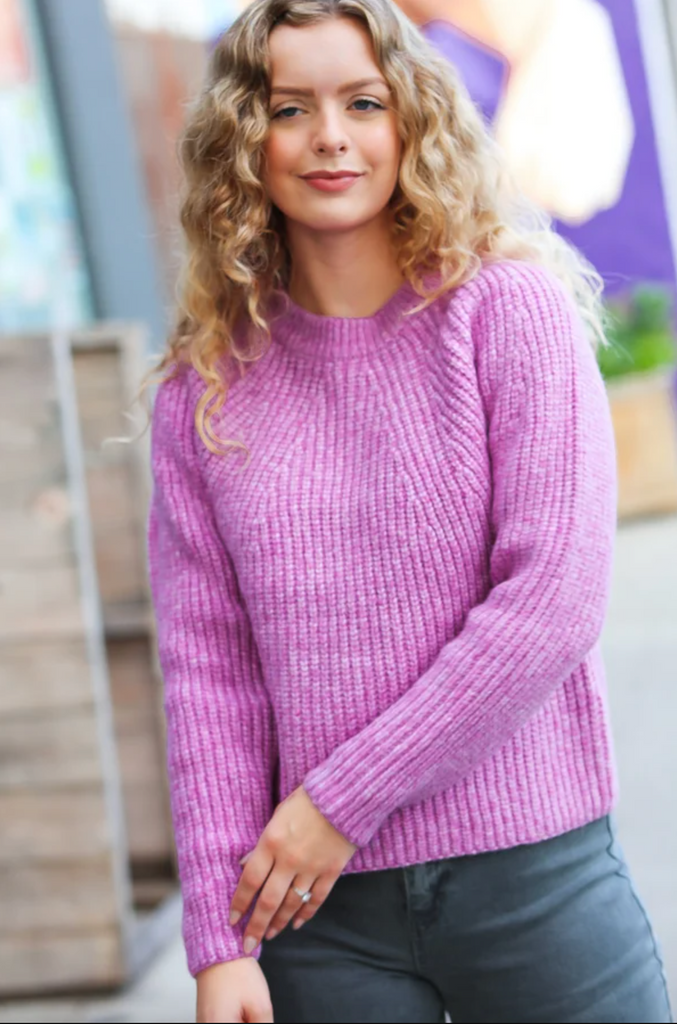 Sweet Lavender Mélange Round Neck Knit Sweater-Timber Brooke Boutique, Online Women's Fashion Boutique in Amarillo, Texas