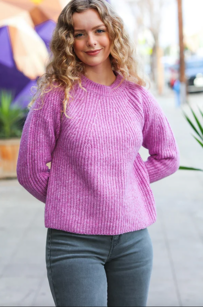 Sweet Lavender Mélange Round Neck Knit Sweater-Timber Brooke Boutique, Online Women's Fashion Boutique in Amarillo, Texas