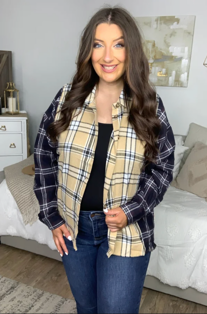 It's All Possible Navy & Beige Cotton Plaid Hi-Lo Shirt Top-Timber Brooke Boutique, Online Women's Fashion Boutique in Amarillo, Texas