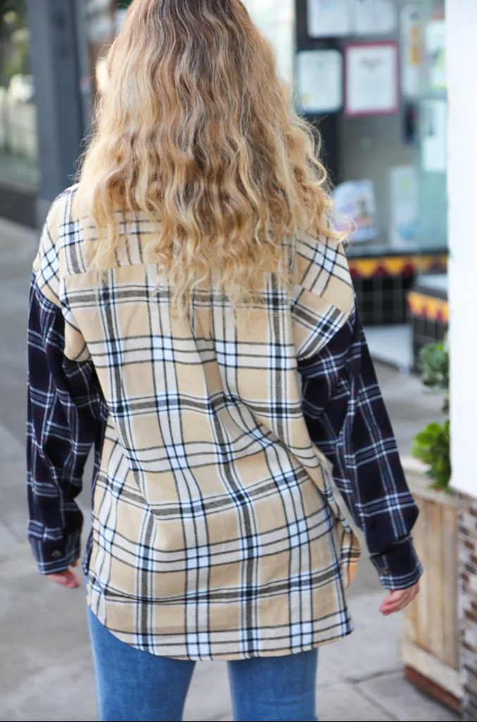 It's All Possible Navy & Beige Cotton Plaid Hi-Lo Shirt Top-Timber Brooke Boutique, Online Women's Fashion Boutique in Amarillo, Texas