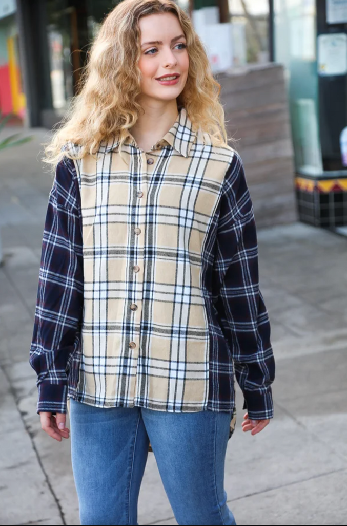 It's All Possible Navy & Beige Cotton Plaid Hi-Lo Shirt Top-Timber Brooke Boutique, Online Women's Fashion Boutique in Amarillo, Texas