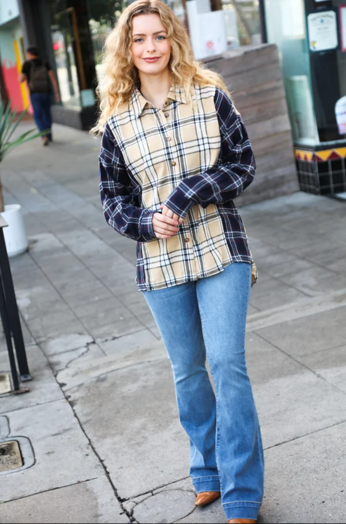 It's All Possible Navy & Beige Cotton Plaid Hi-Lo Shirt Top-Timber Brooke Boutique, Online Women's Fashion Boutique in Amarillo, Texas