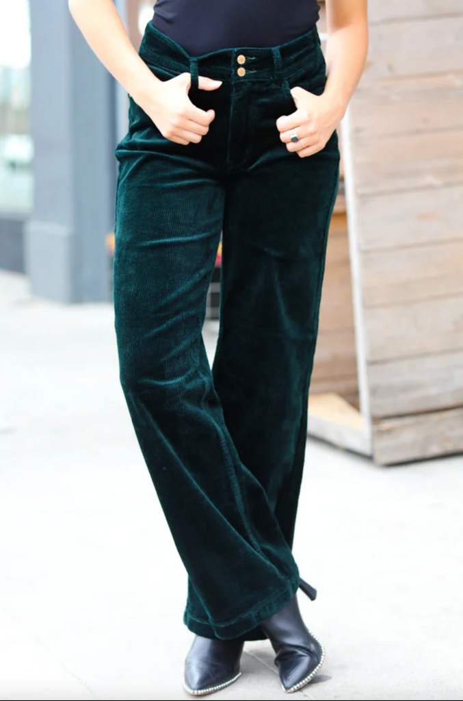 Embrace The Joy Emerald Green Corduroy High Rise Wide Leg Pants-Judy Blue-Timber Brooke Boutique, Online Women's Fashion Boutique in Amarillo, Texas