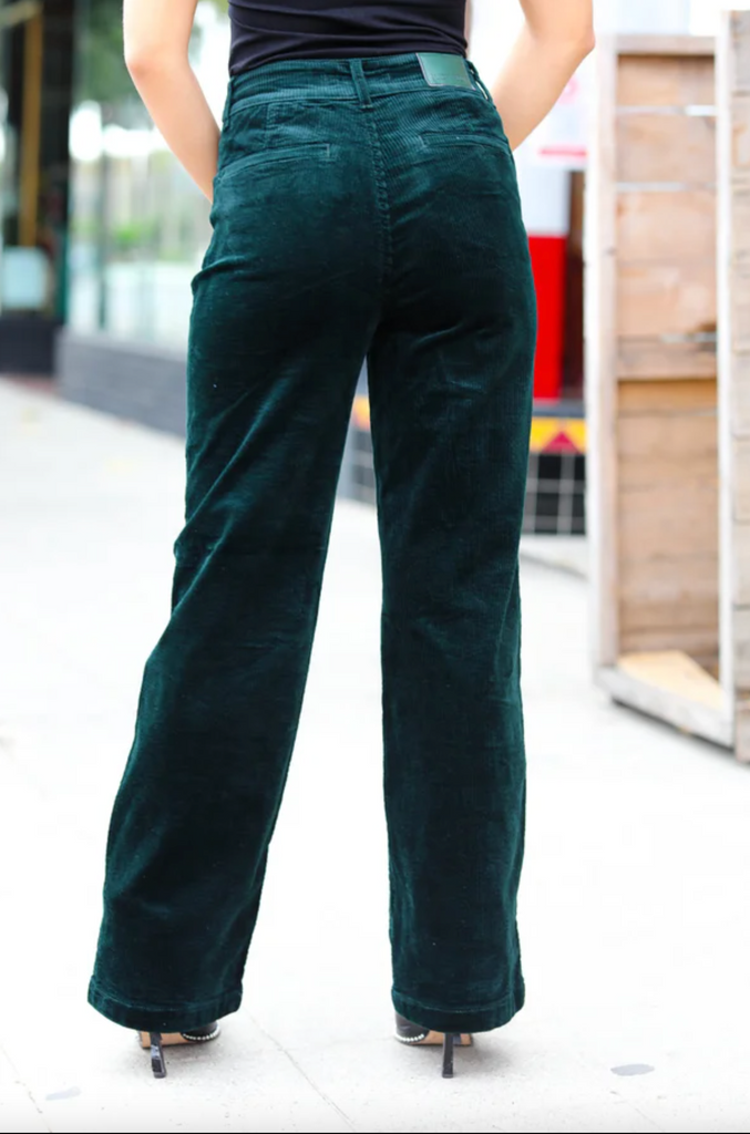 Embrace The Joy Emerald Green Corduroy High Rise Wide Leg Pants-Judy Blue-Timber Brooke Boutique, Online Women's Fashion Boutique in Amarillo, Texas