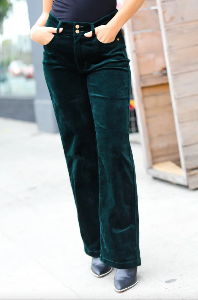 Embrace The Joy Emerald Green Corduroy High Rise Wide Leg Pants-Judy Blue-Timber Brooke Boutique, Online Women's Fashion Boutique in Amarillo, Texas