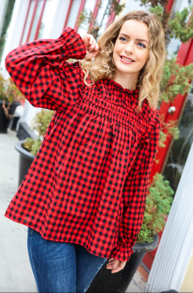 Don't Think Twice Gingham Shirred Mock Neck Frilled Top-Timber Brooke Boutique, Online Women's Fashion Boutique in Amarillo, Texas