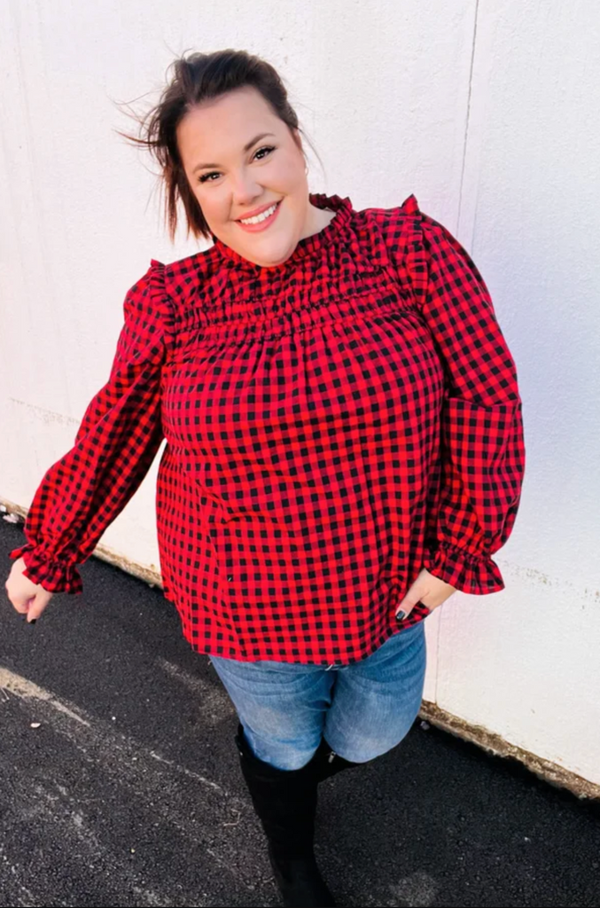 Don't Think Twice Gingham Shirred Mock Neck Frilled Top-Timber Brooke Boutique, Online Women's Fashion Boutique in Amarillo, Texas