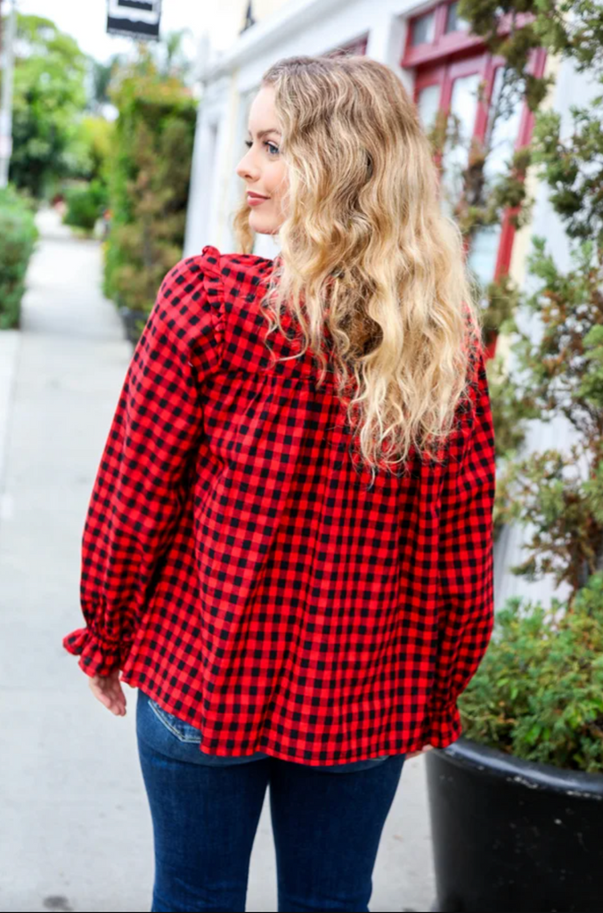 Don't Think Twice Gingham Shirred Mock Neck Frilled Top-Timber Brooke Boutique, Online Women's Fashion Boutique in Amarillo, Texas