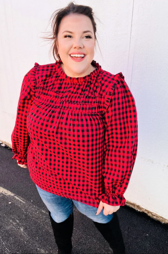 Don't Think Twice Gingham Shirred Mock Neck Frilled Top-Timber Brooke Boutique, Online Women's Fashion Boutique in Amarillo, Texas