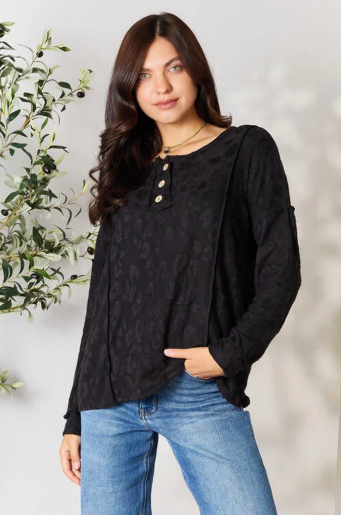 BOMBOM Textured Exposed Seam Buttoned Blouse-Timber Brooke Boutique, Online Women's Fashion Boutique in Amarillo, Texas