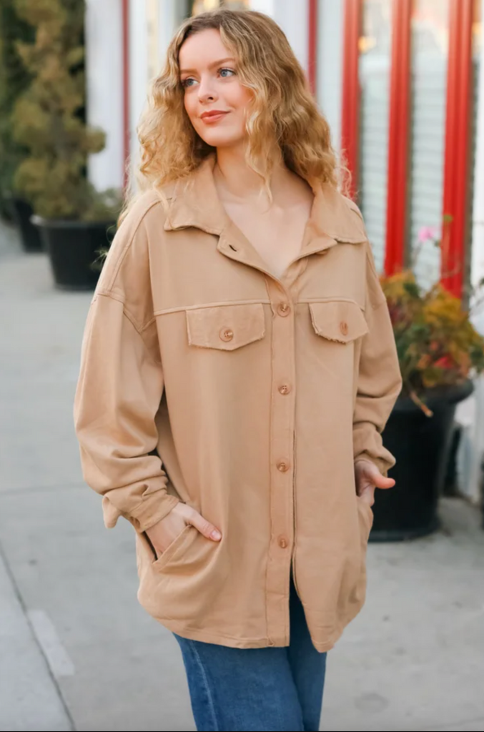 Good Times Camel Terry Oversized Shirt Shacket-Timber Brooke Boutique, Online Women's Fashion Boutique in Amarillo, Texas