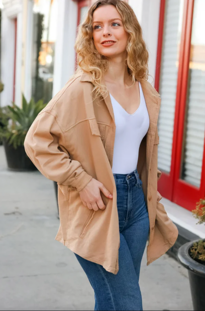 Good Times Camel Terry Oversized Shirt Shacket-Timber Brooke Boutique, Online Women's Fashion Boutique in Amarillo, Texas