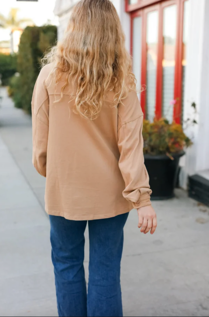 Good Times Camel Terry Oversized Shirt Shacket-Timber Brooke Boutique, Online Women's Fashion Boutique in Amarillo, Texas