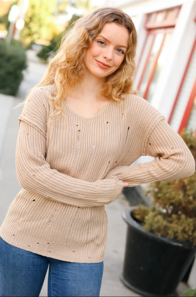 The Slouchy Taupe Distressed V Neck Sweater-Timber Brooke Boutique, Online Women's Fashion Boutique in Amarillo, Texas