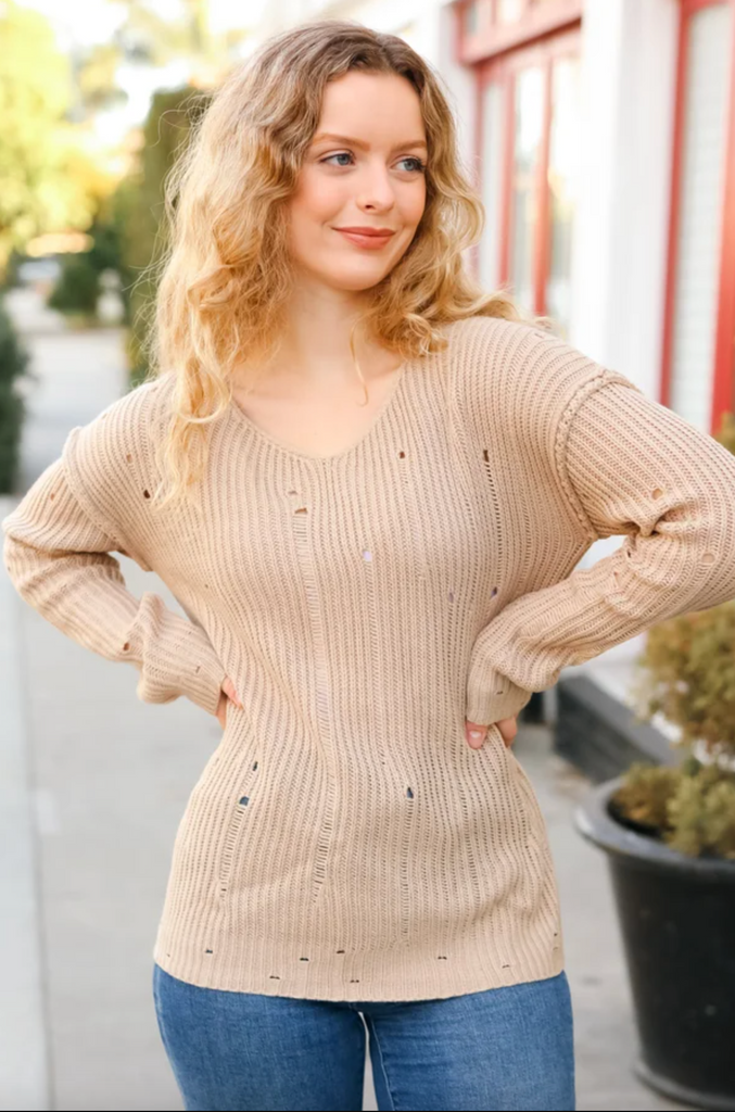 The Slouchy Taupe Distressed V Neck Sweater-Timber Brooke Boutique, Online Women's Fashion Boutique in Amarillo, Texas