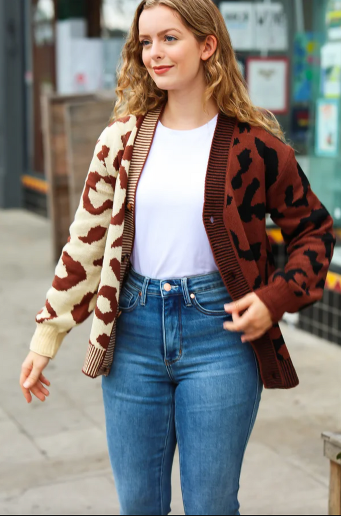 Taupe & Sepia Leopard Print Color Block Cardigan-Timber Brooke Boutique, Online Women's Fashion Boutique in Amarillo, Texas