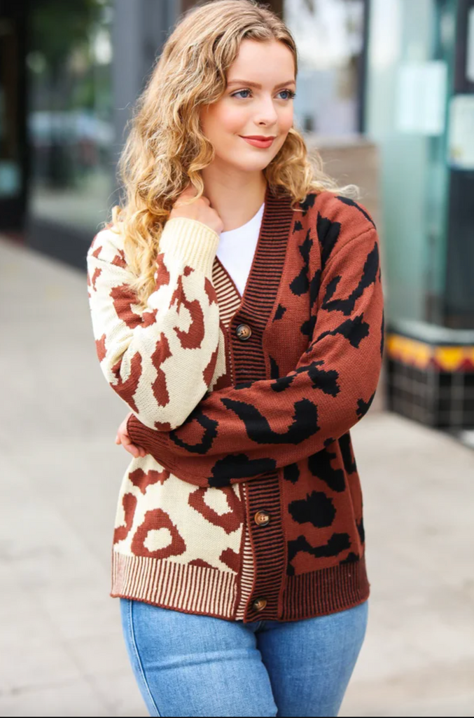 Taupe & Sepia Leopard Print Color Block Cardigan-Timber Brooke Boutique, Online Women's Fashion Boutique in Amarillo, Texas