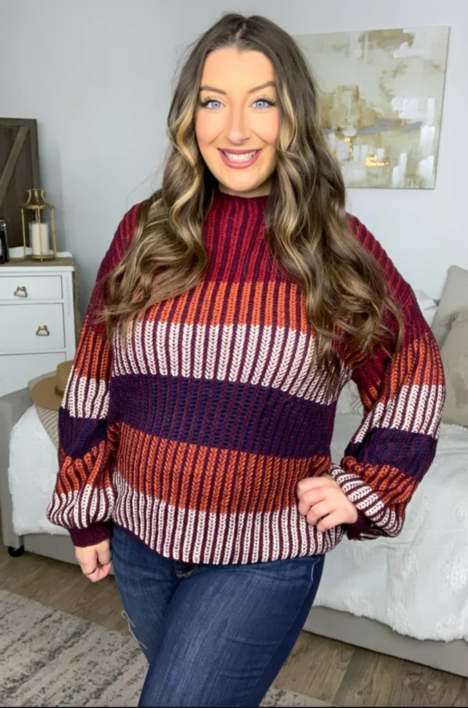 Take All Of Me Burgundy & Navy Stripe Oversized Sweater-Timber Brooke Boutique, Online Women's Fashion Boutique in Amarillo, Texas