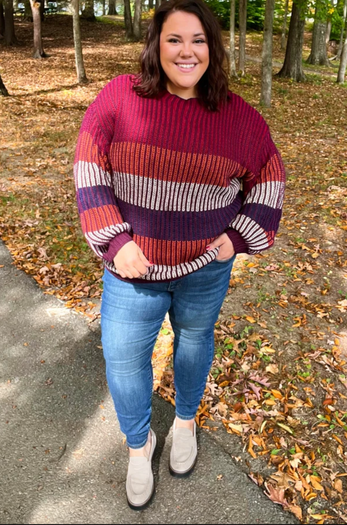 Take All Of Me Burgundy & Navy Stripe Oversized Sweater-Timber Brooke Boutique, Online Women's Fashion Boutique in Amarillo, Texas