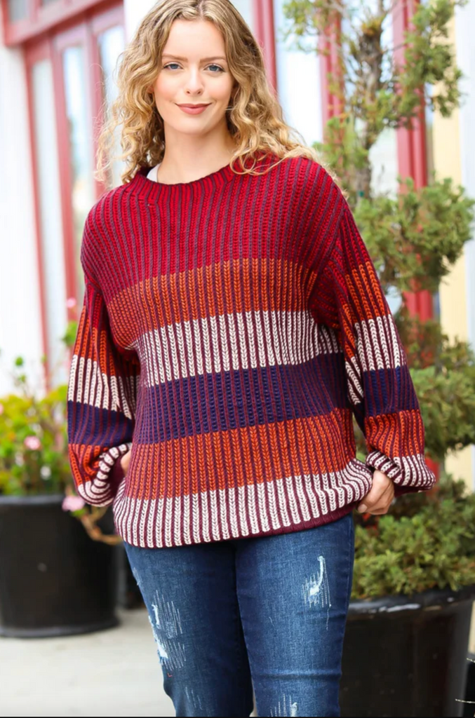 Take All Of Me Burgundy & Navy Stripe Oversized Sweater-Timber Brooke Boutique, Online Women's Fashion Boutique in Amarillo, Texas