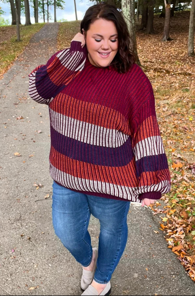 Take All Of Me Burgundy & Navy Stripe Oversized Sweater-Timber Brooke Boutique, Online Women's Fashion Boutique in Amarillo, Texas