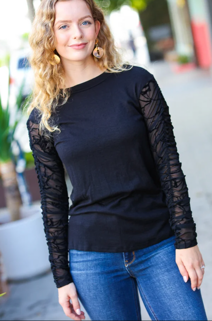 Black Shirred Velvet Mesh Long Sleeve Top-Timber Brooke Boutique, Online Women's Fashion Boutique in Amarillo, Texas