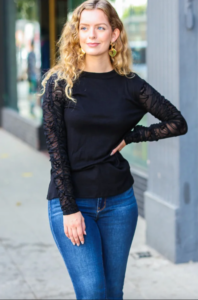 Black Shirred Velvet Mesh Long Sleeve Top-Timber Brooke Boutique, Online Women's Fashion Boutique in Amarillo, Texas