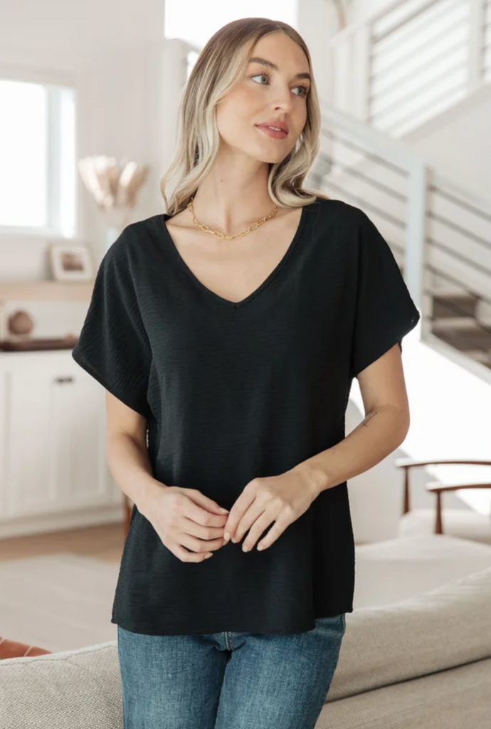 Frequently Asked Questions V-Neck Top in Black-Timber Brooke Boutique, Online Women's Fashion Boutique in Amarillo, Texas