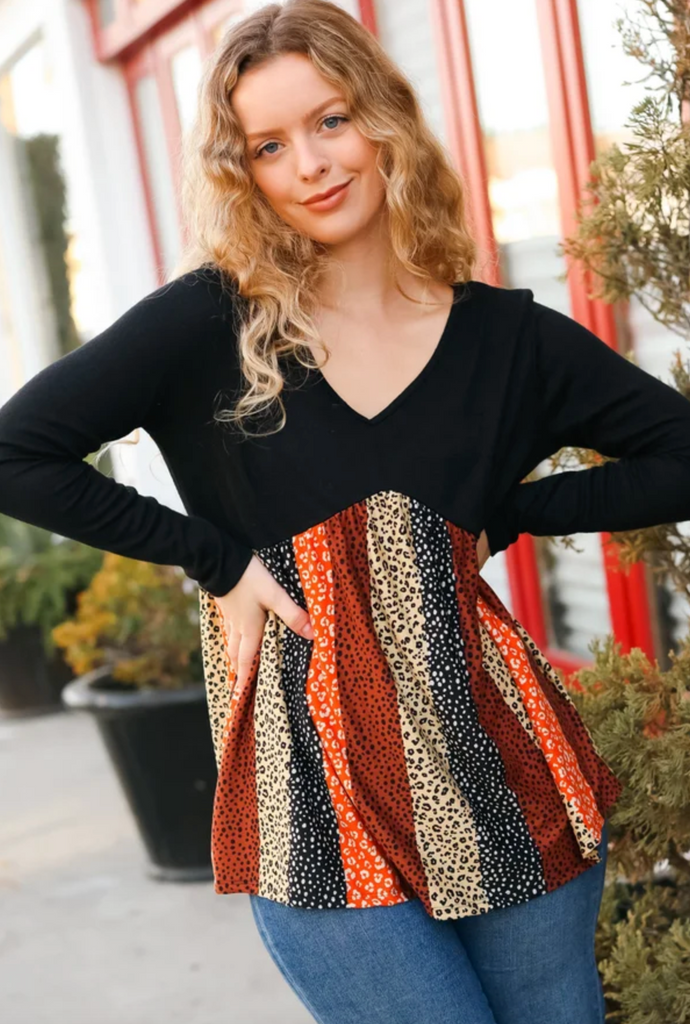 Festive Flare Black & Rust Hacci Leopard Stripe V Neck Top-Timber Brooke Boutique, Online Women's Fashion Boutique in Amarillo, Texas